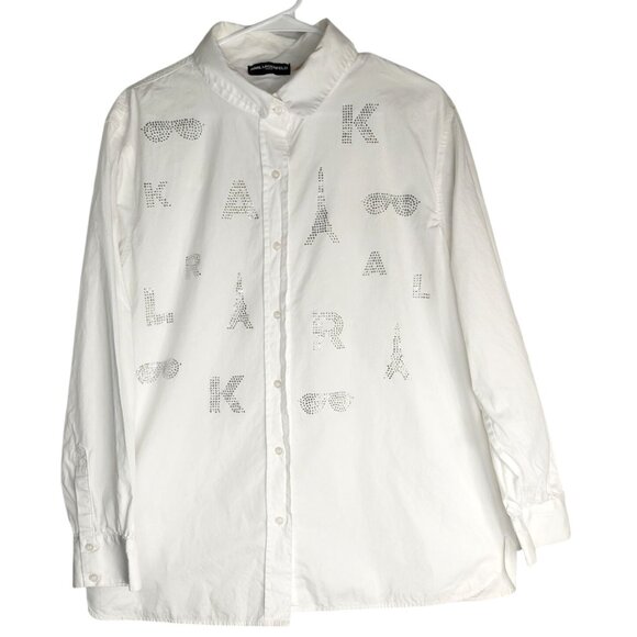 Karl Lagerfeld Paris Women's White Cotton Button-Up Shirt With Embellishments - Picture 1 of 9